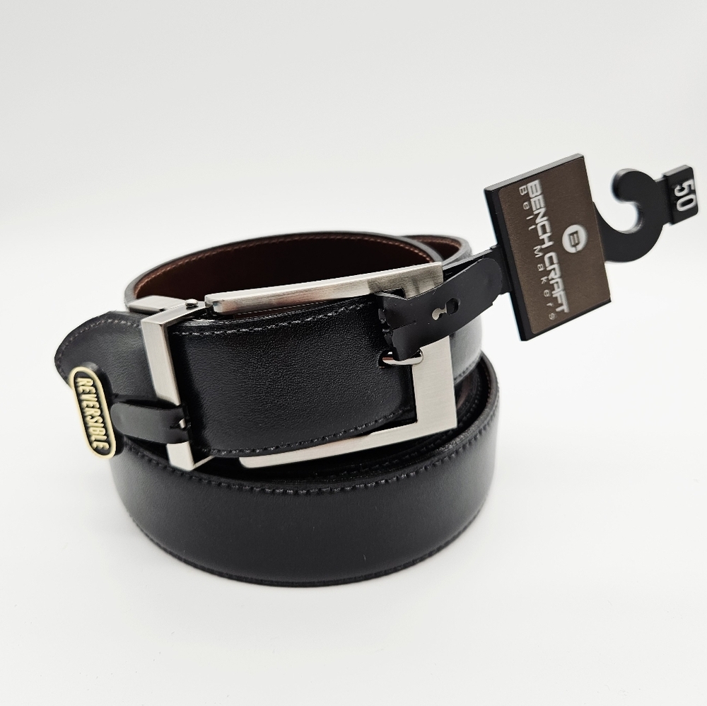 BENCH CRAFT | reversible black/tan smooth leather silver buckle belt